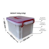 Container with red lid and dimensions labeled